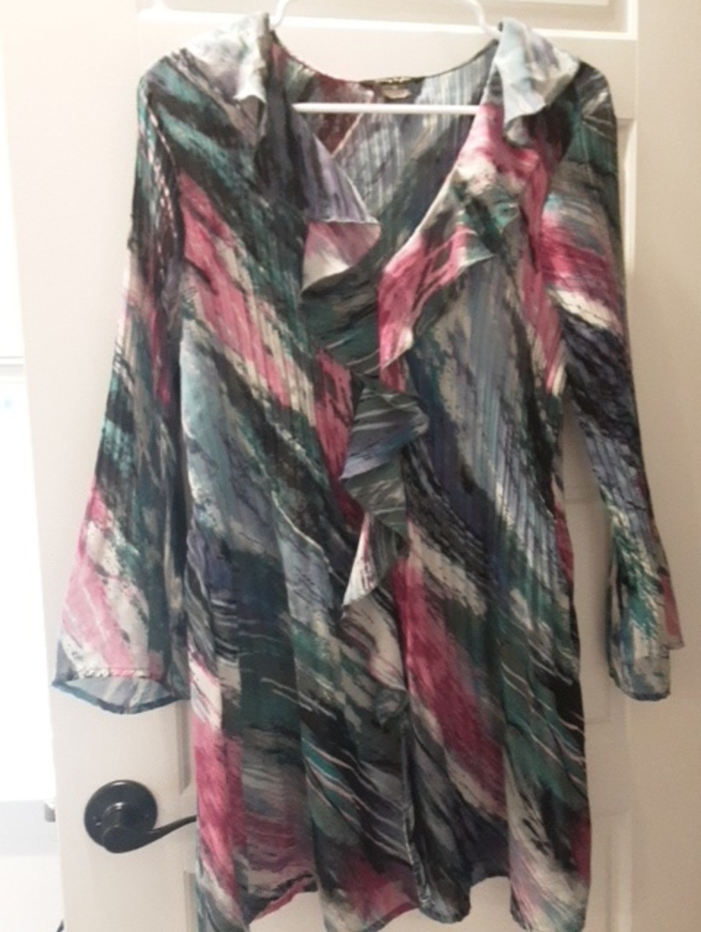 Sunny Taylor Multicolor Ruffle Front Tunic - Teal Pink Navy
